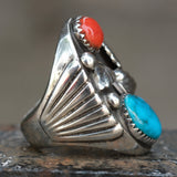 Vintage Sterling Turquoise and Coral Feather Ring 9