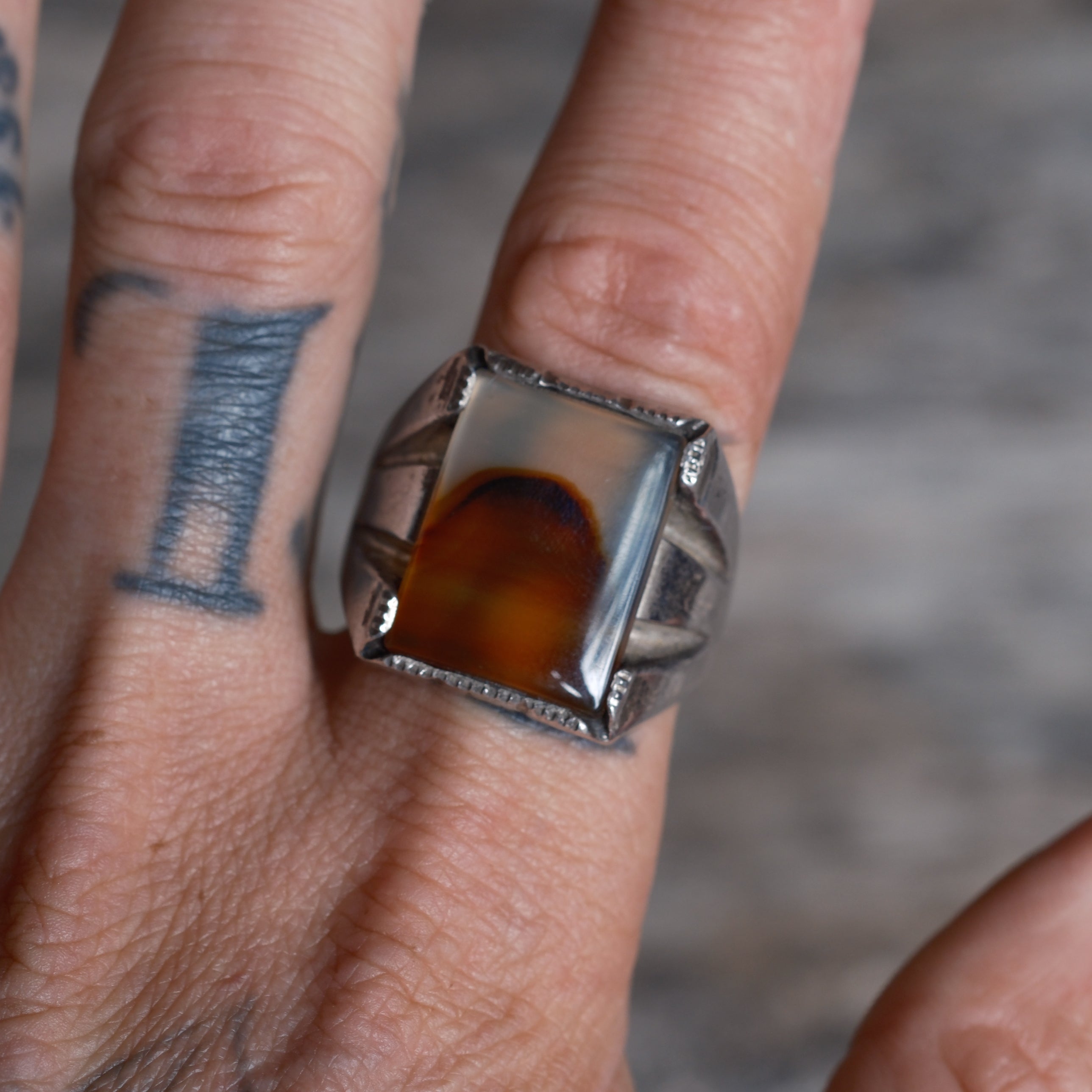 Vintage Sterling Agate Signet Ring 13.5