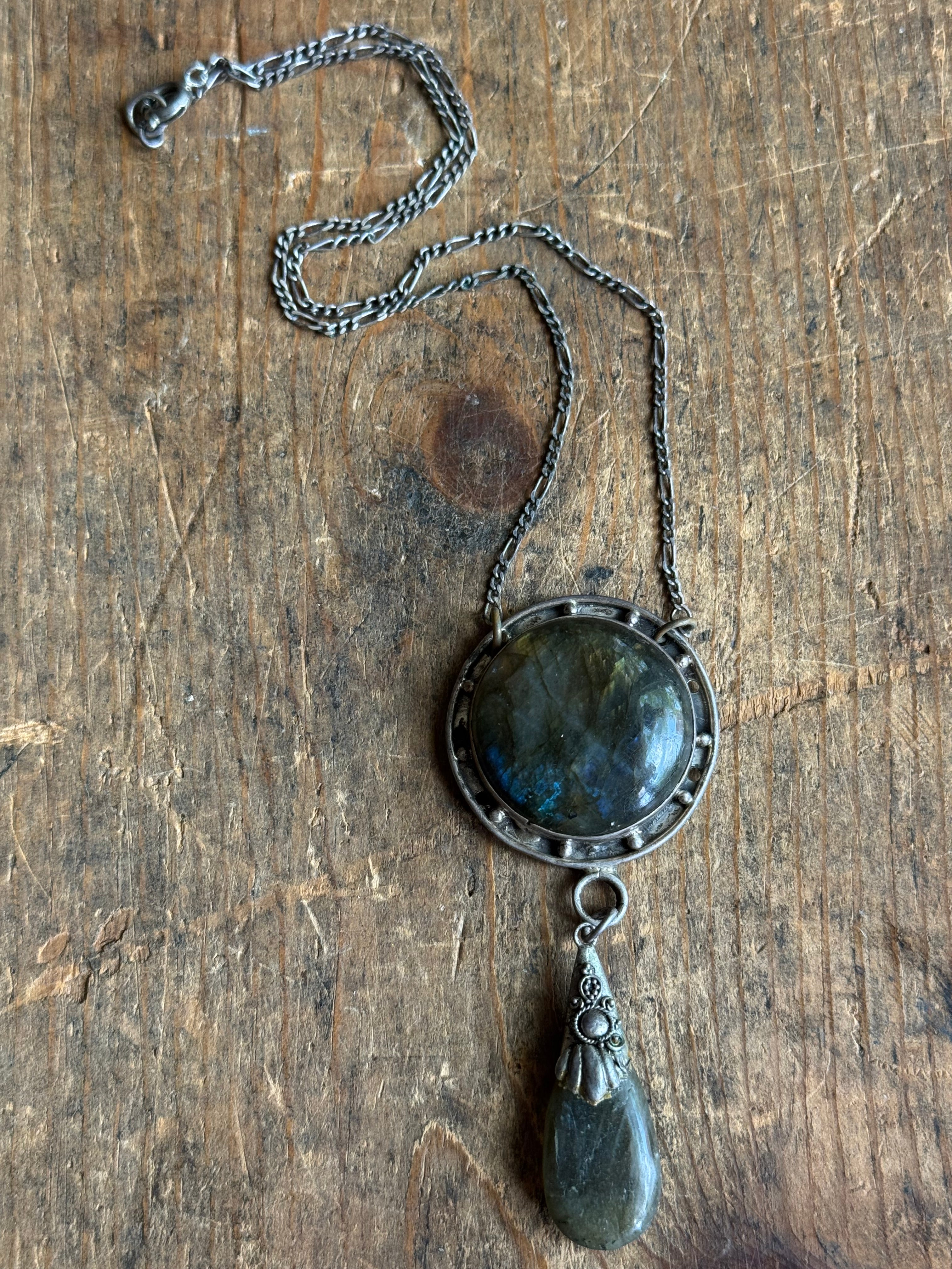 Vintage Sterling Silver Modernist Labradorite Teardrop Necklace