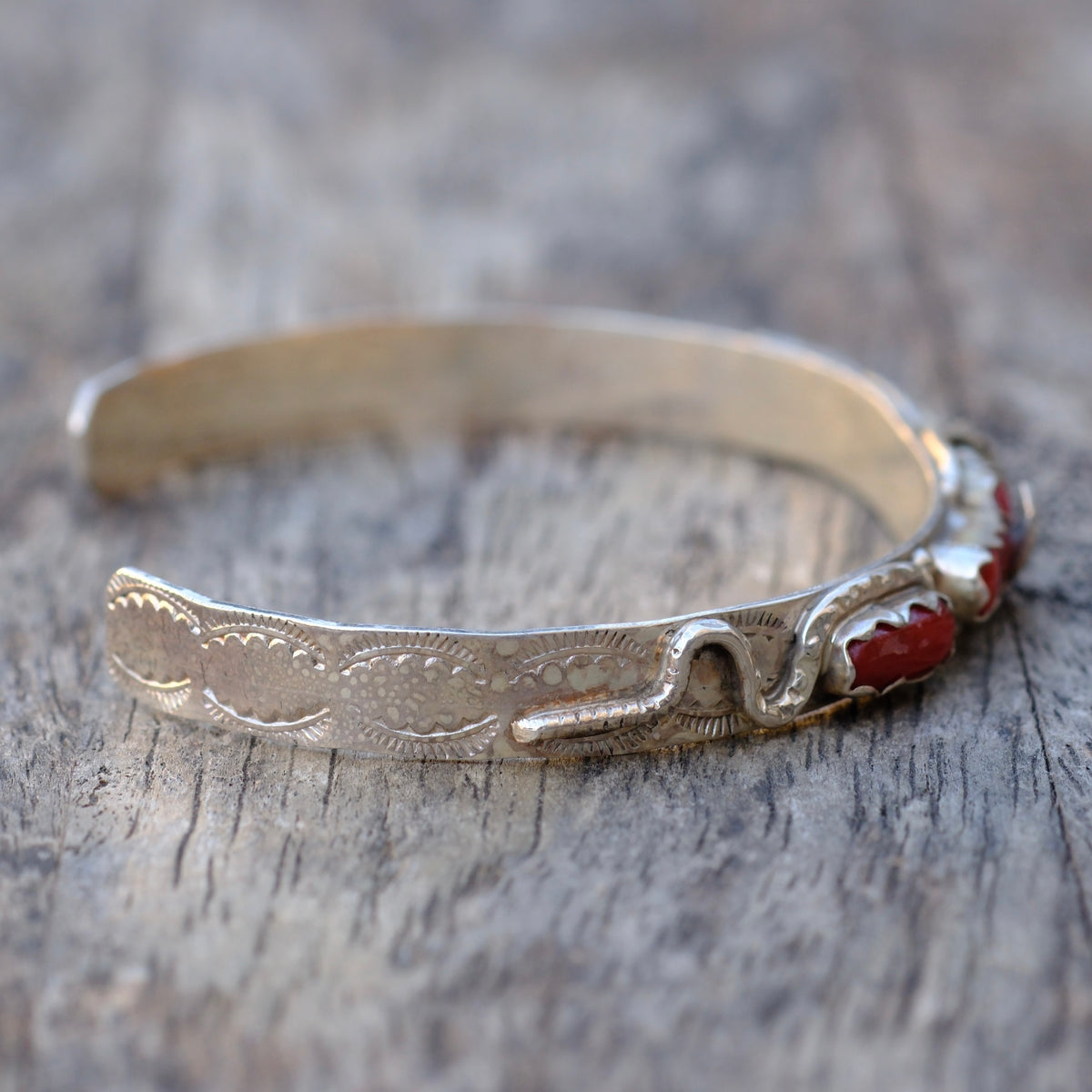 Vintage Sterling Coral Snake Cuff Bracelet