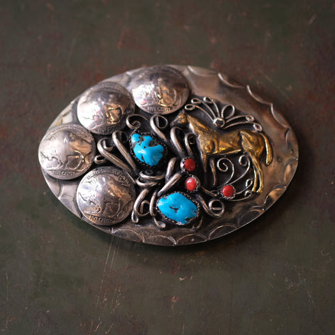 Vintage Turquoise and Coral Horse Belt Buckle