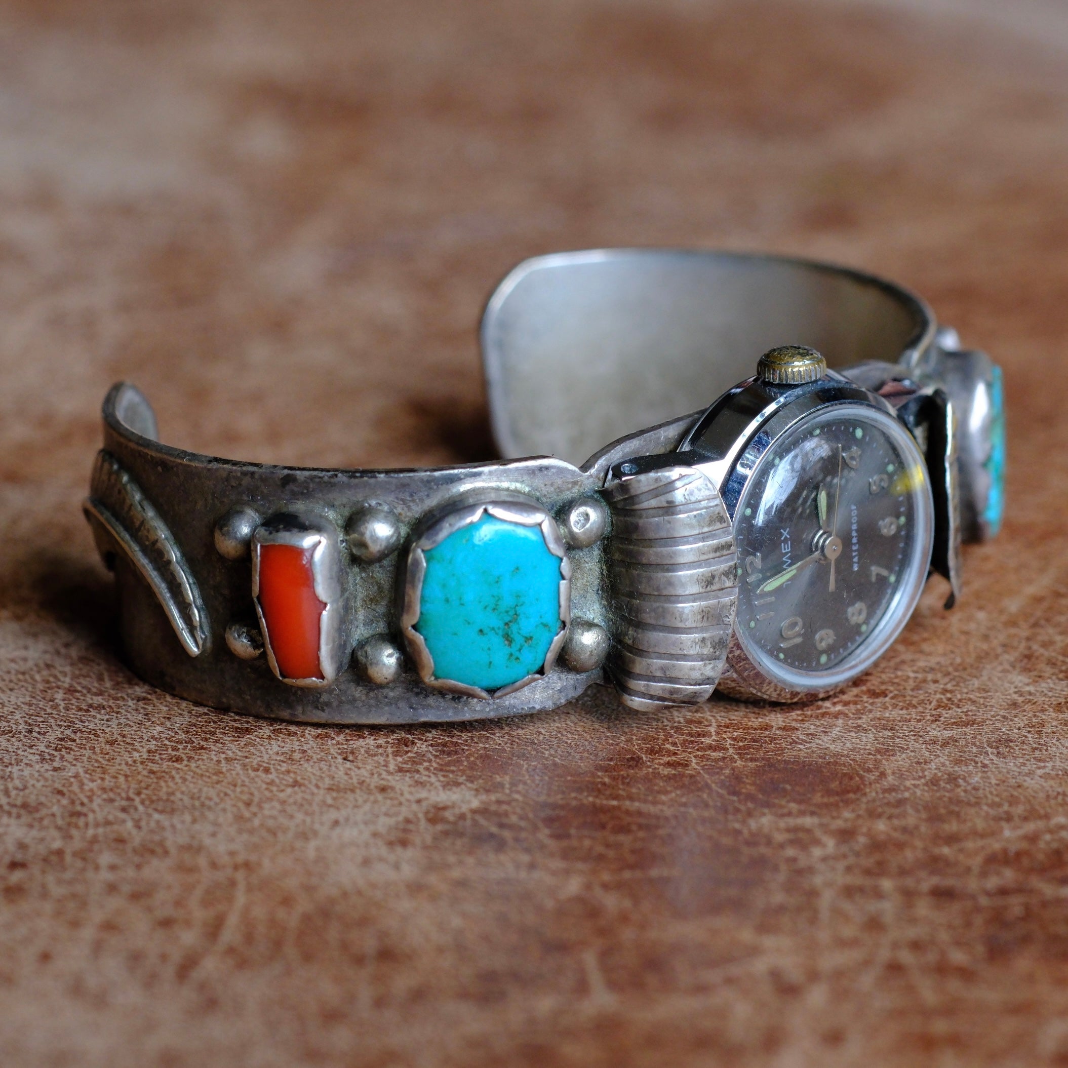 Vintage Sterling Turquoise and Coral Watch Cuff Bracelet