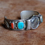 Vintage Sterling Turquoise and Coral Watch Cuff Bracelet