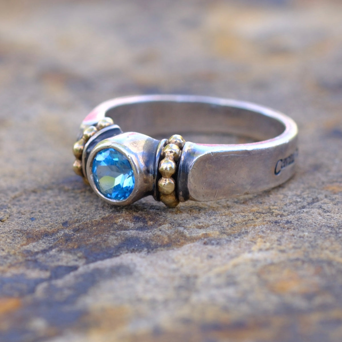 Vintage Sterling and 18K Gold Topaz Ring 6 Caviar-Lagos
