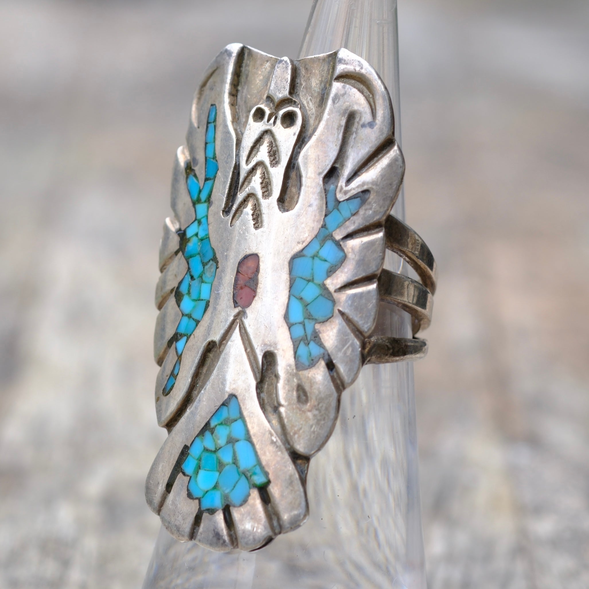 Vintage Sterling Turquoise and Coral Peyote Bird Ring 4.75