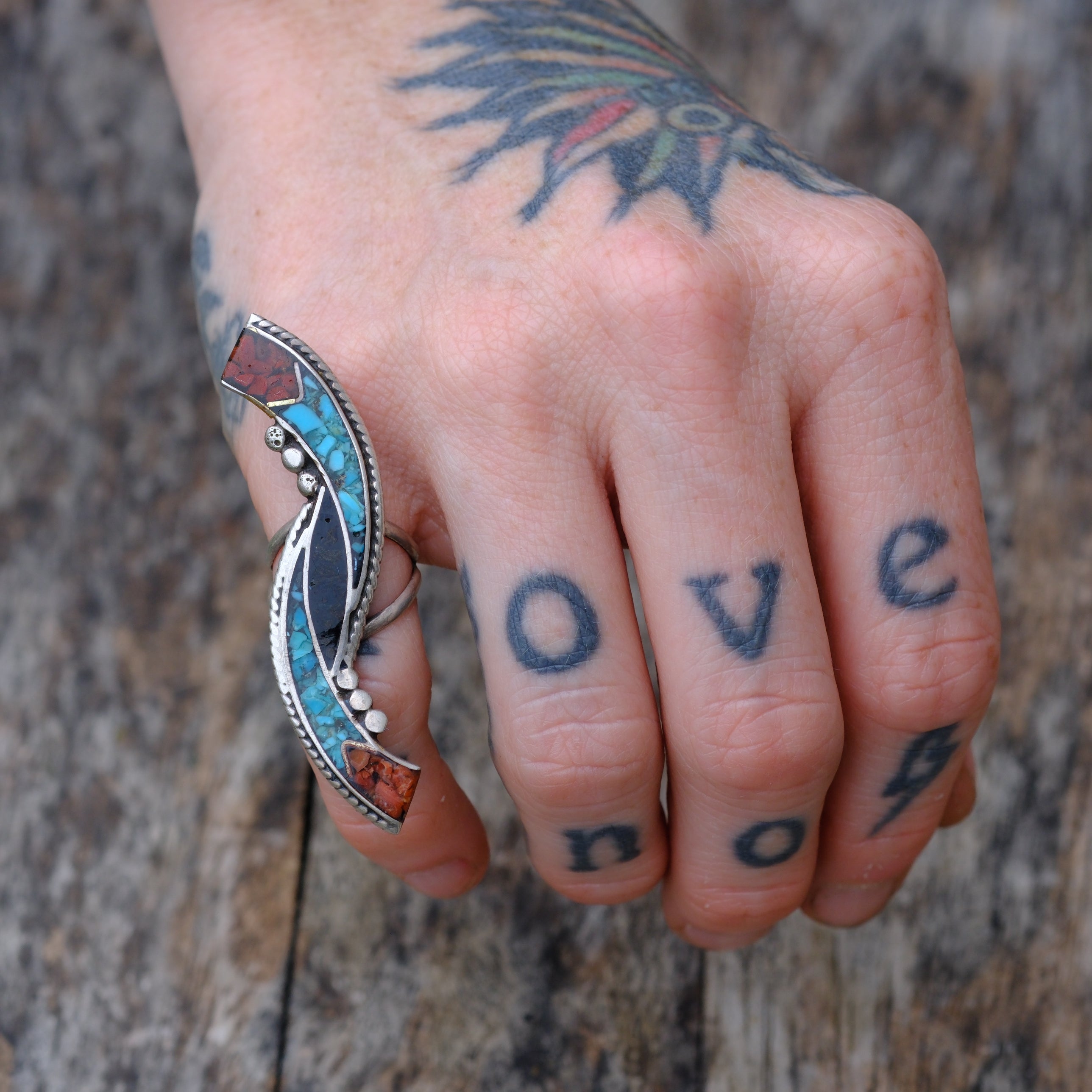 HUGE Vintage Sterling Inlay Ring 3.75