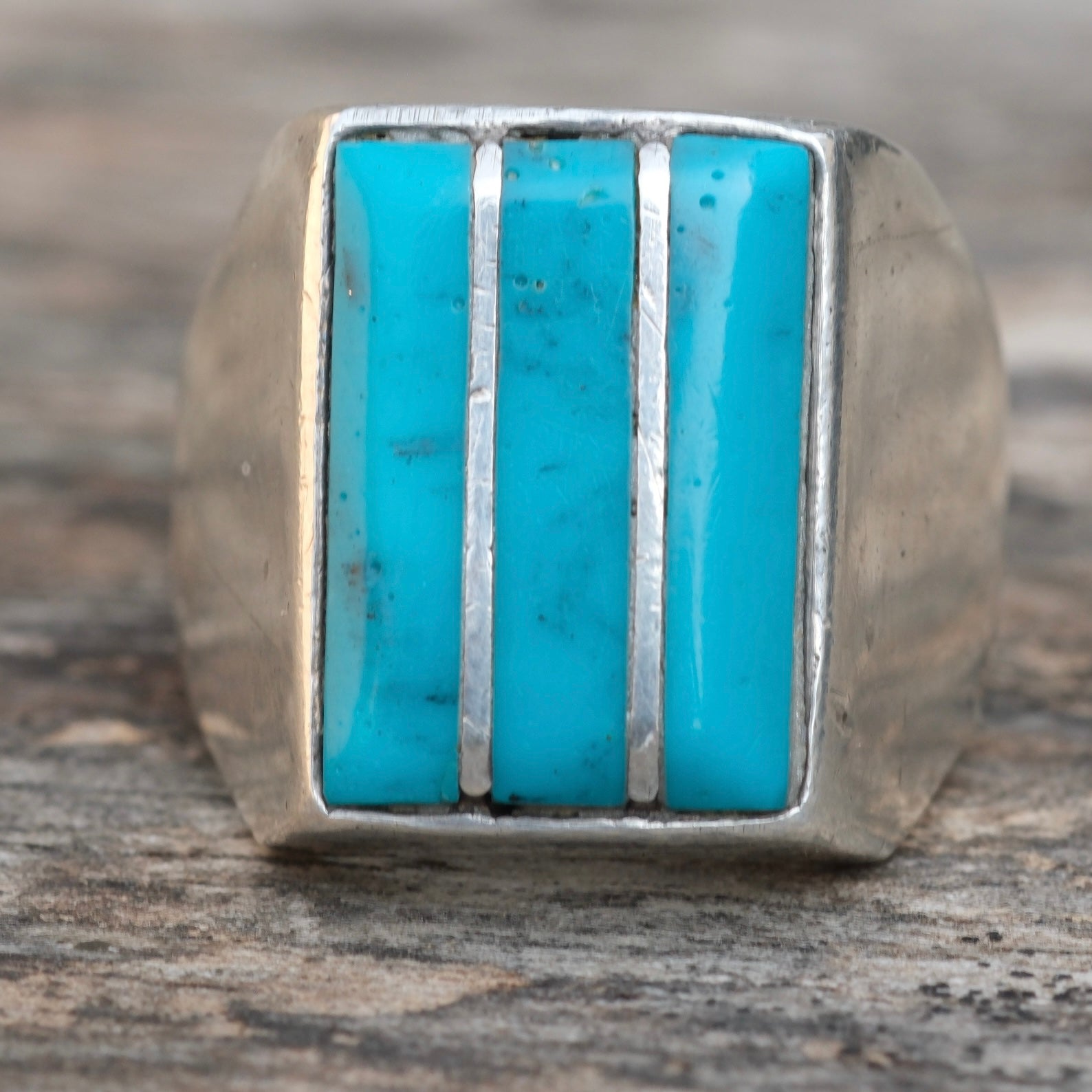Vintage Sterling Turquoise Inlay Striper Ring 9.75