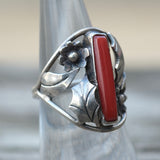 Vintage Sterling Coral Feather Ring 6.5