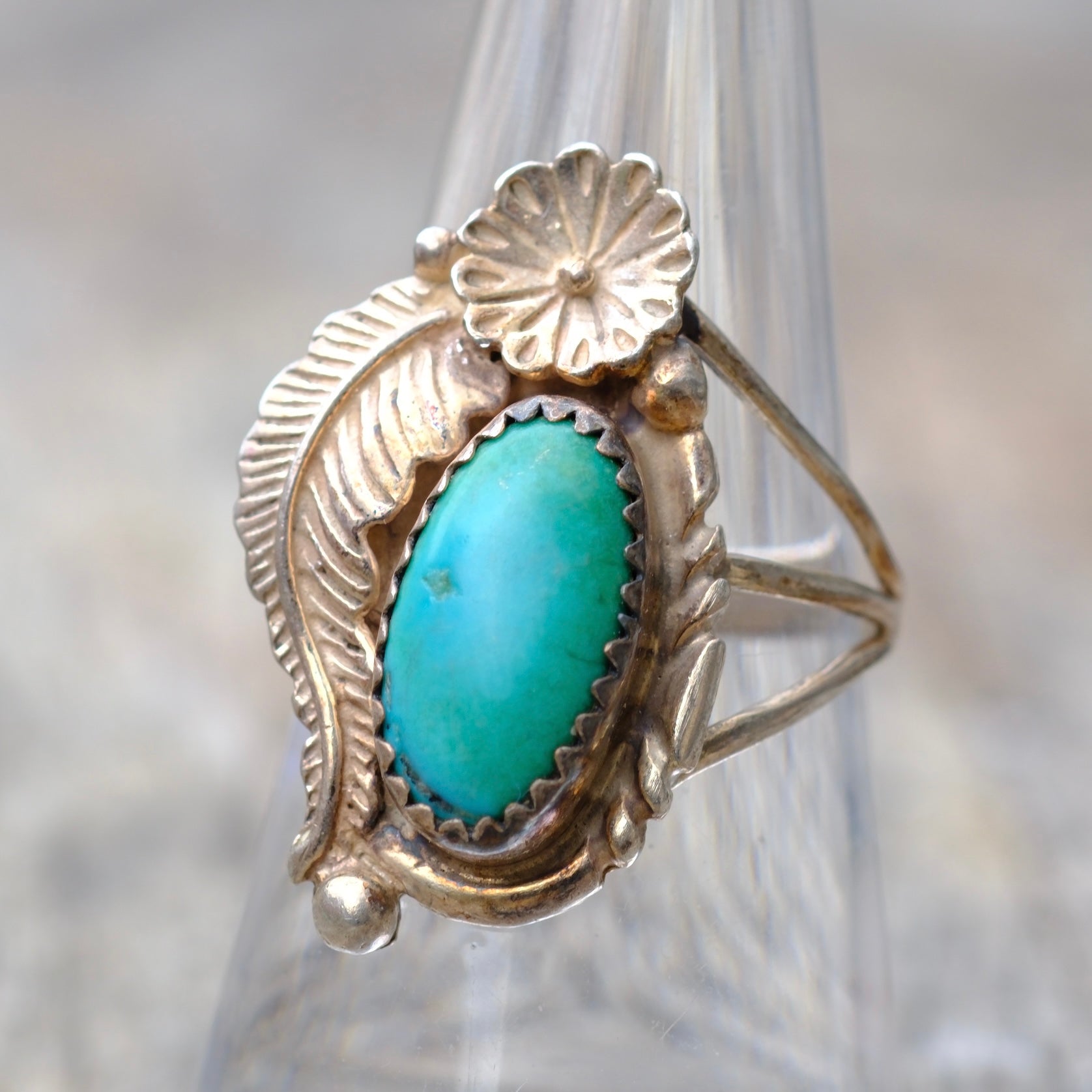 Vintage Sterling Turquoise Feather Ring 7.5