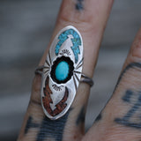 Vintage Sterling Crushed Turquoise and Coral Ring 5.25