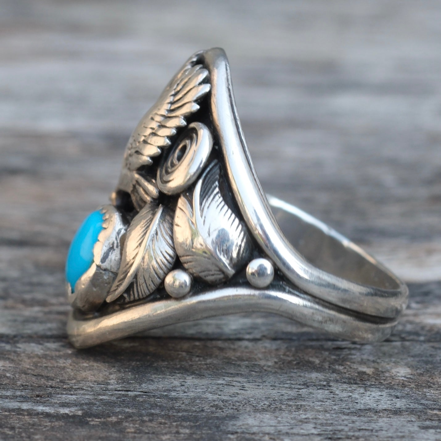 Vintage Sterling Turquoise Eagle Ring 9.5