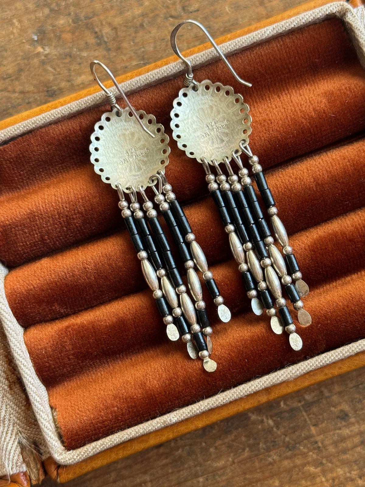 Vintage Sterling Silver Black Beaded Concho Earrings
