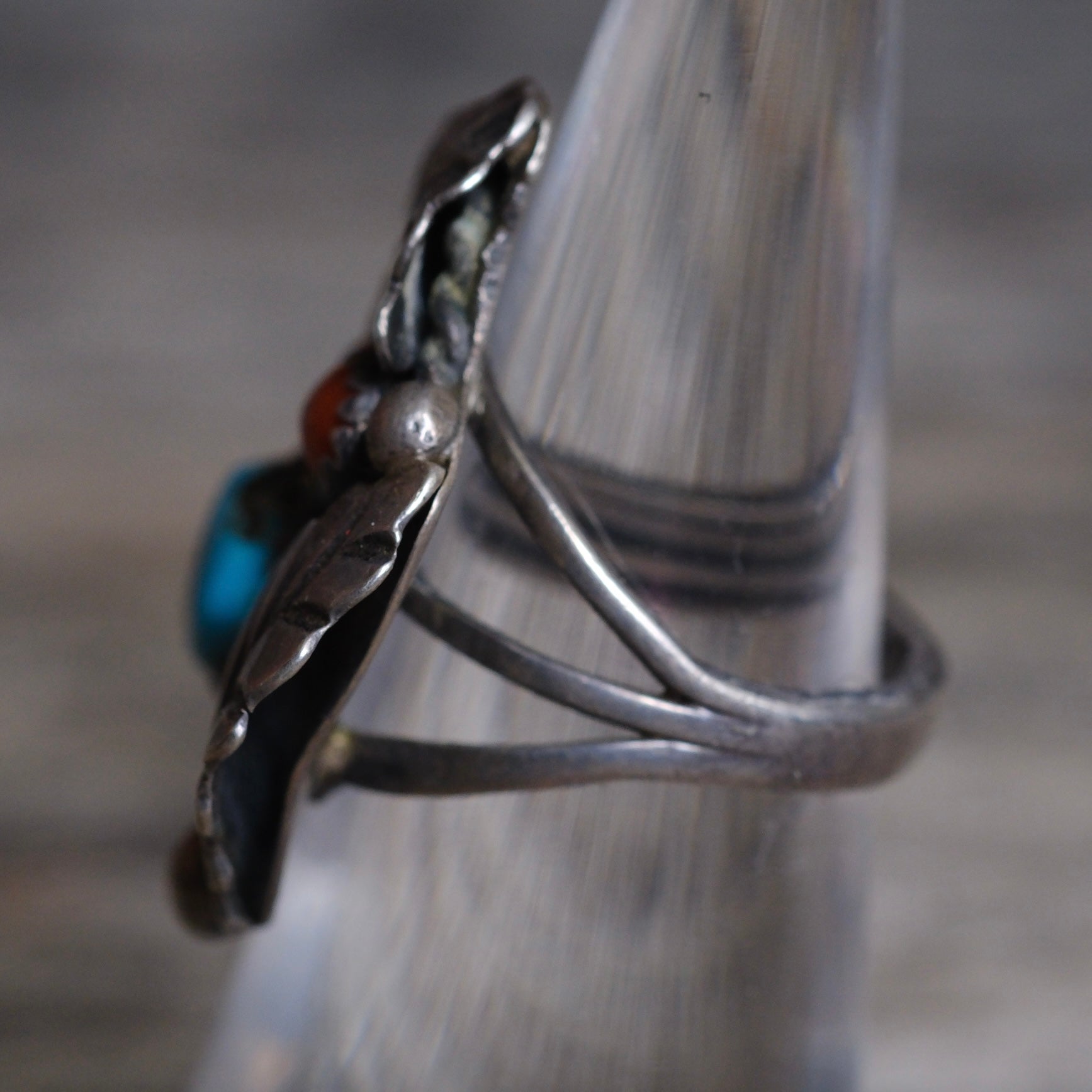 Vintage Sterling Turquoise and Coral Feather Ring 5.25