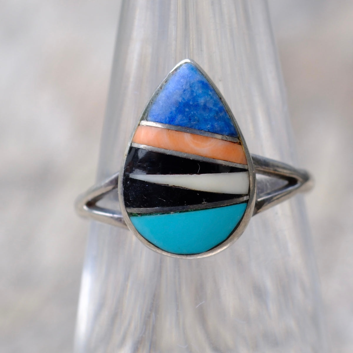 Vintage Sterling Multi Stone Inlay Ring 6.25