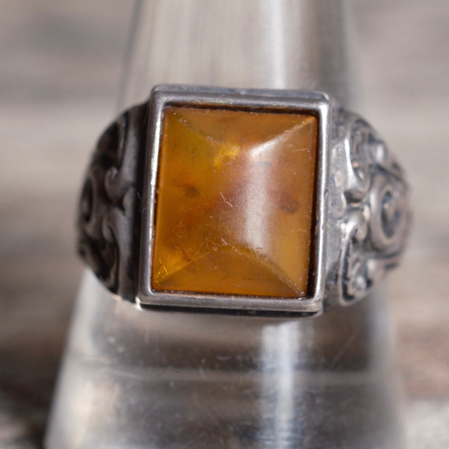 Vintage Sterling Amber Signet Ring 11