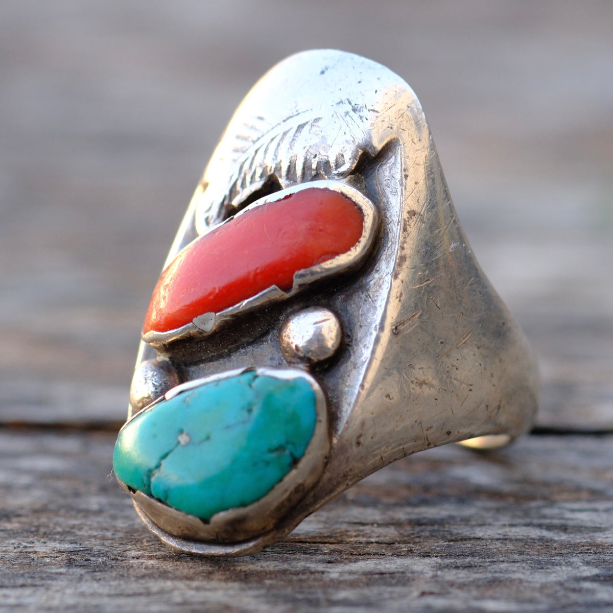Vintage Sterling Turquoise and Coral Ring 10