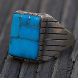 Vintage Sterling Turquoise Inlay Ribbed Band Ring 11