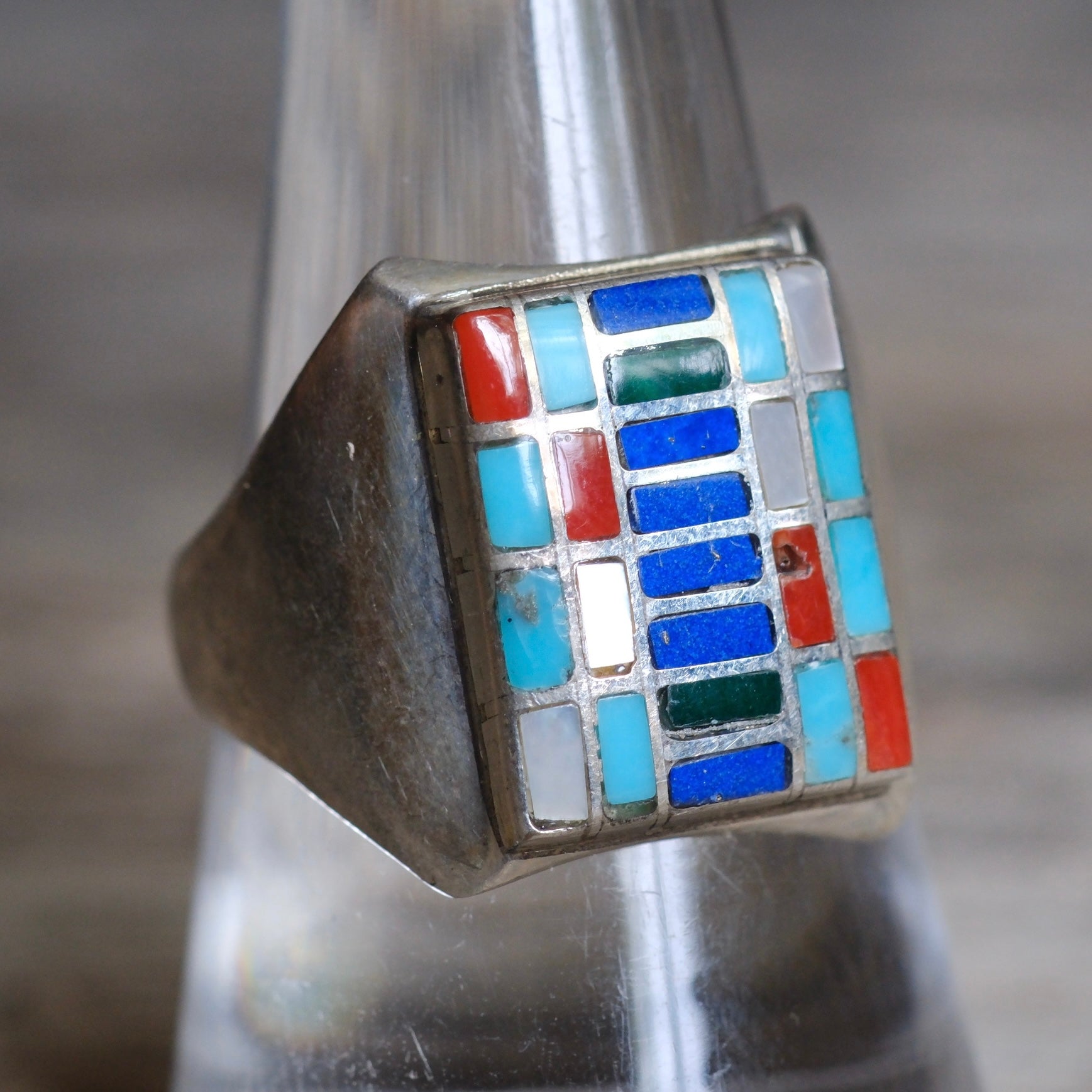 Vintage Sterling Multistone Inlay Mosaic Signet Ring 9