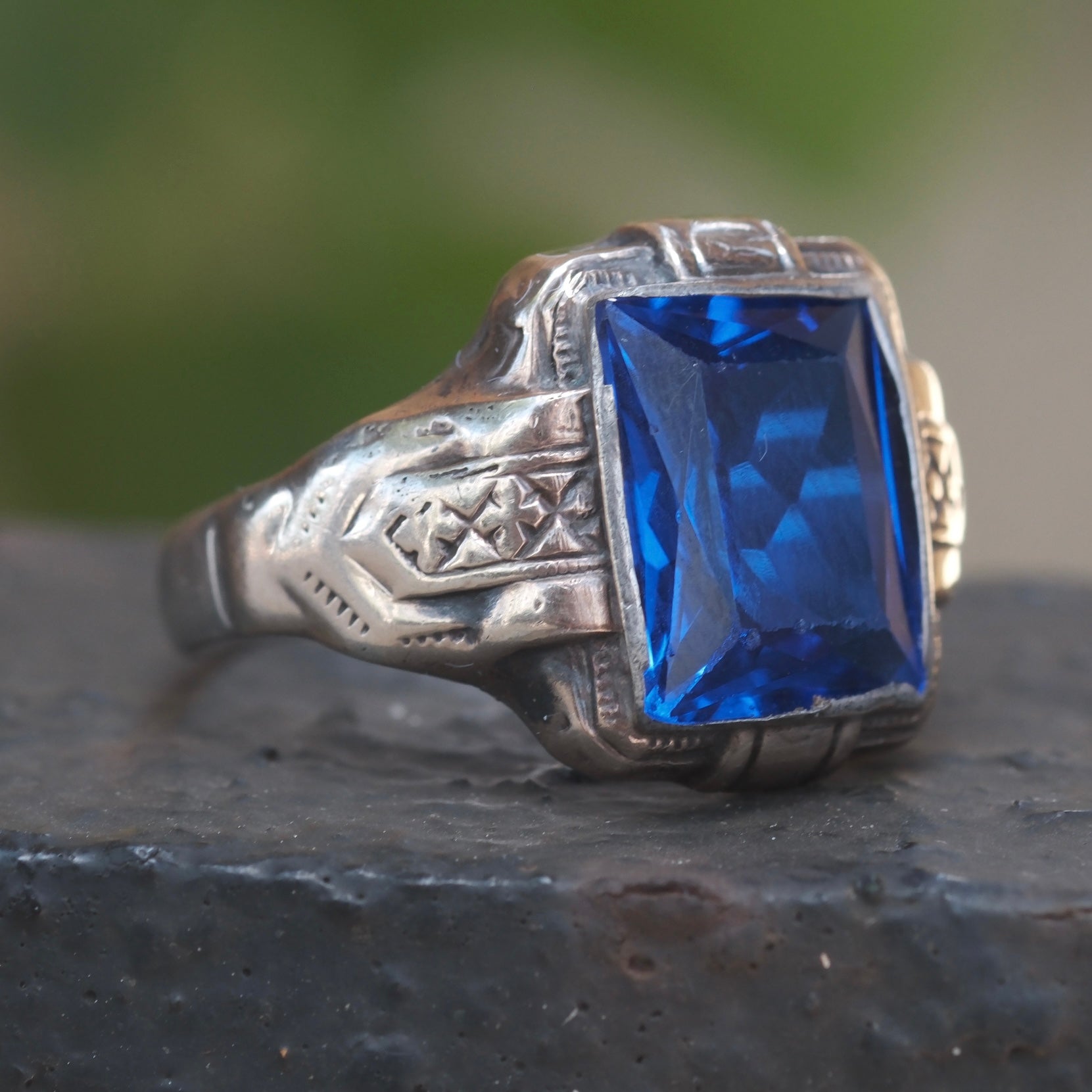 Vintage Sterling Blue Glass Signet Ring 10.25
