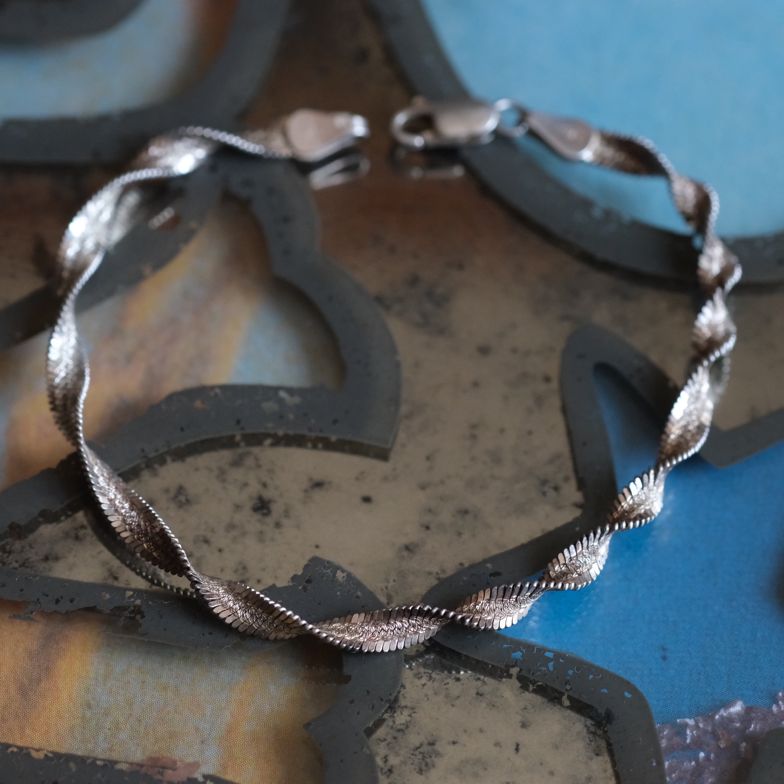 Vintage Sterling Silver Twisted Herringbone Chain Bracelet 7.5"