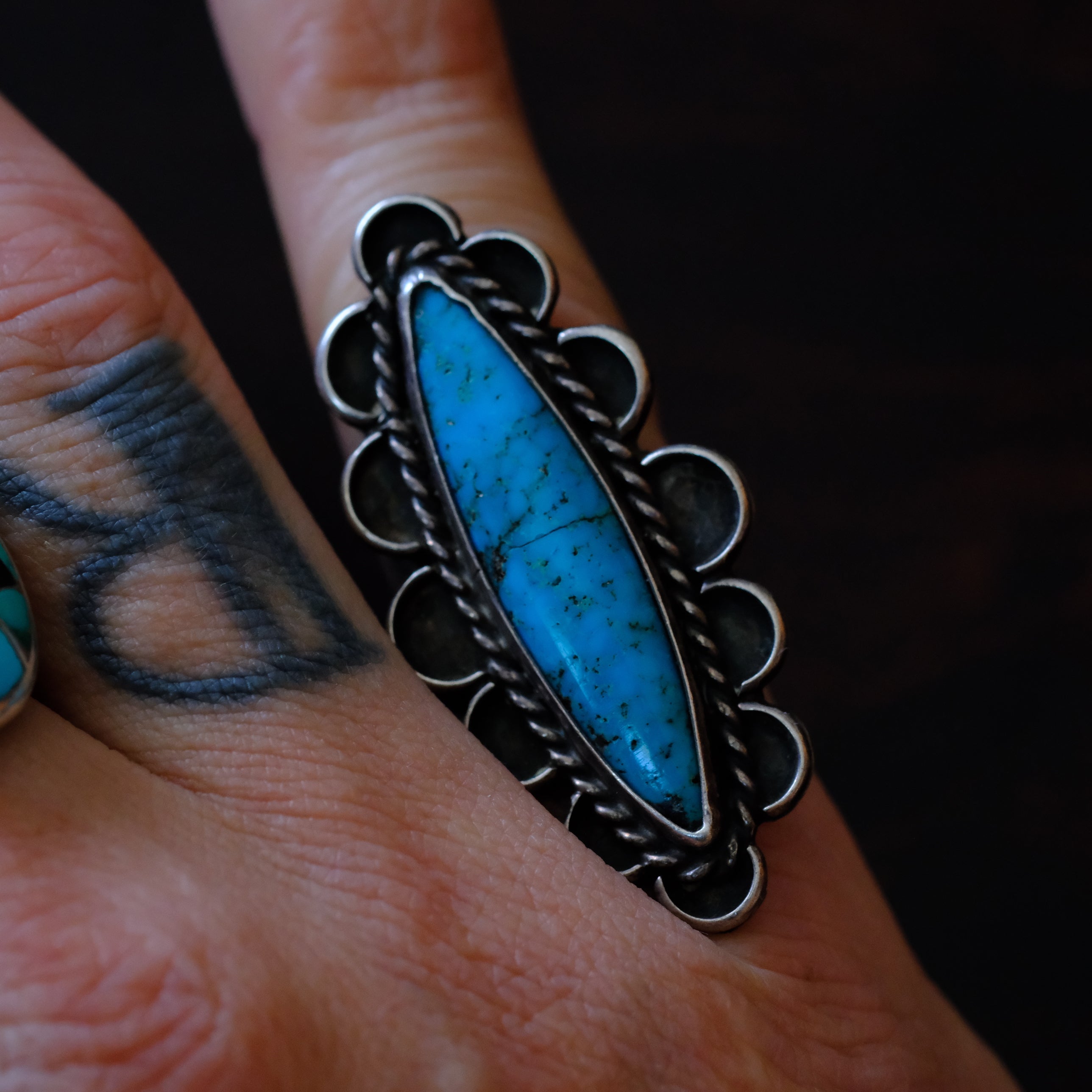 Vintage Sterling Turquoise Florette Ring 6.25