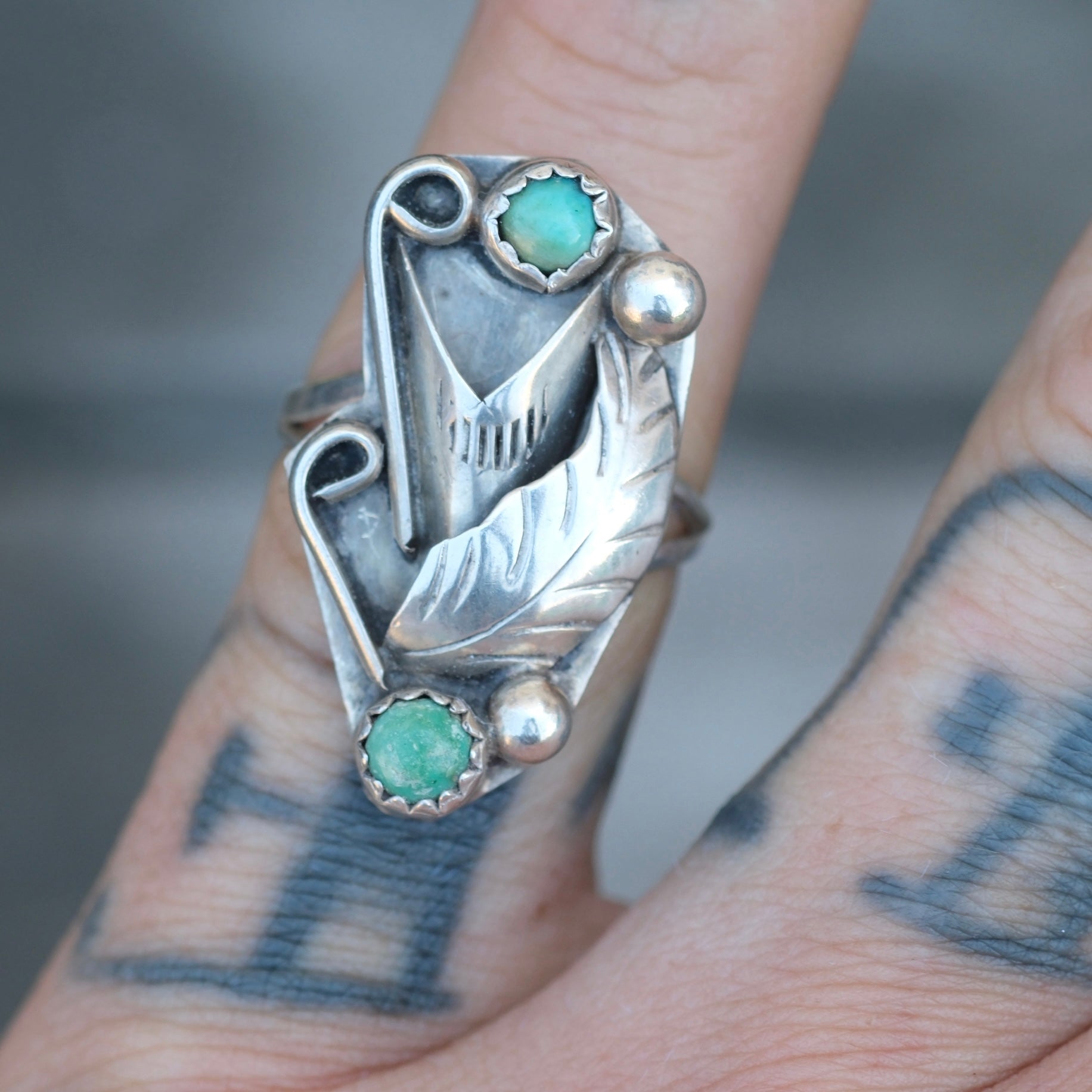 Vintage Sterling 2-Stone Turquoise Feather Ring 5.5