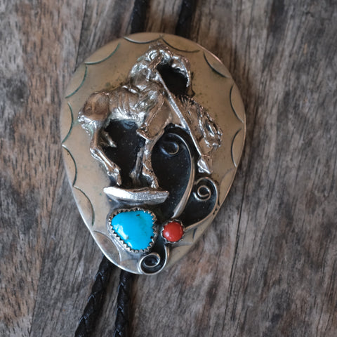 Vintage End of The Trail Turquoise and Coral Bolo Tie