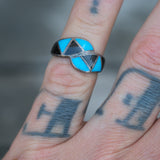 Vintage Sterling Onyx and Turquoise Inlay Ring 4.75