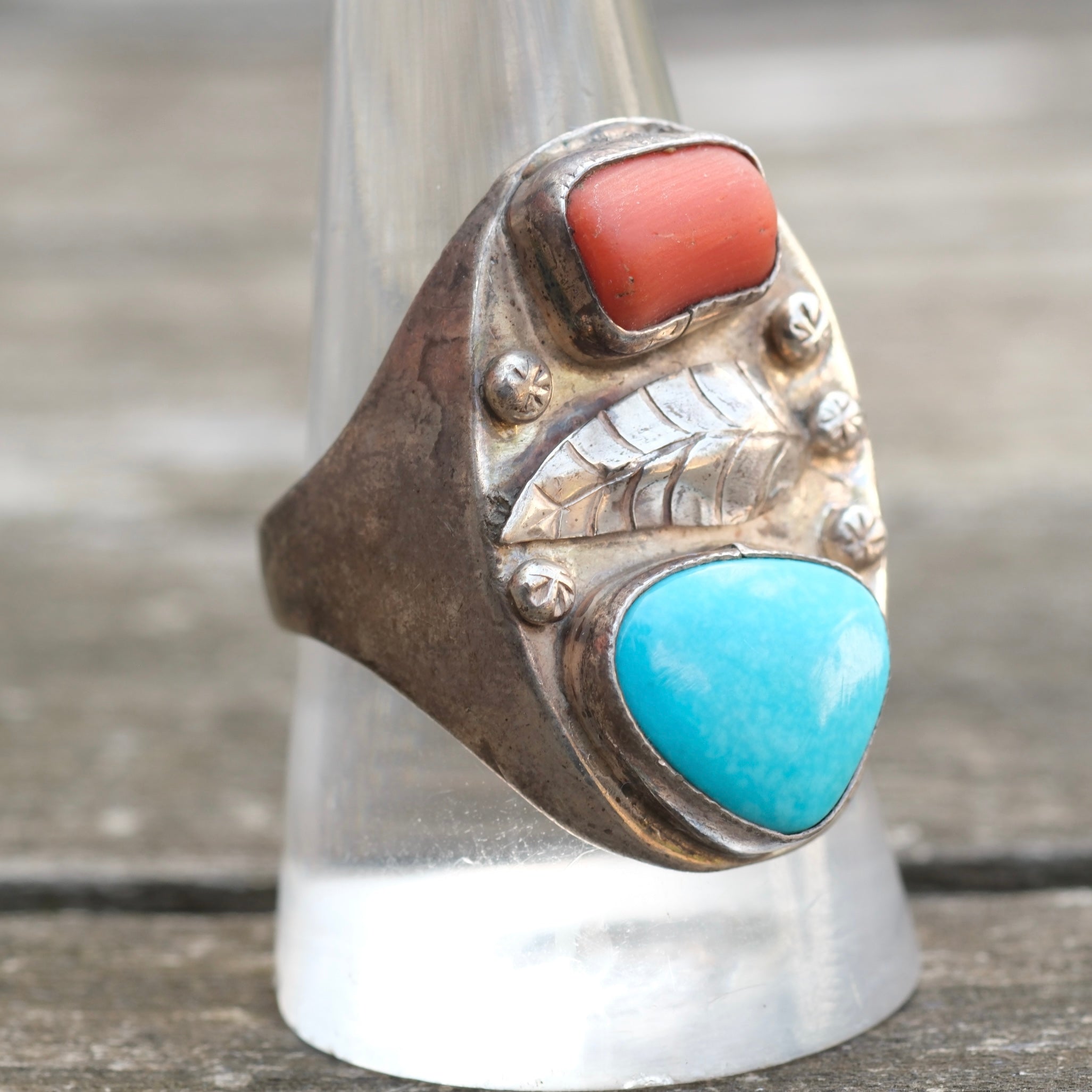 Vintage Sterling Turquoise and Coral Feather Ring 10.25