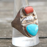 Vintage Sterling Turquoise and Coral Feather Ring 10.25