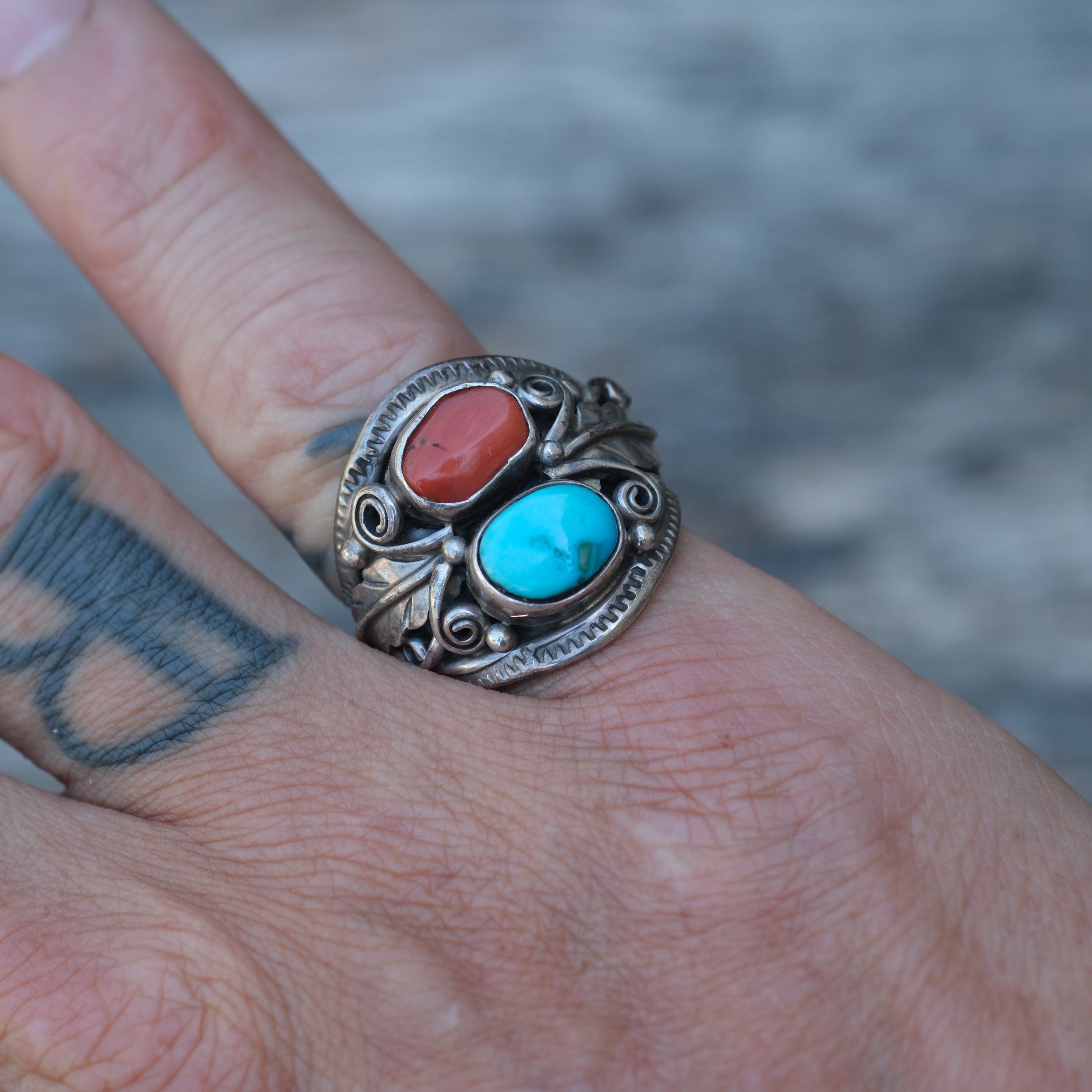 Vintage Sterling Turquoise and Coral Feather Ring 7.75