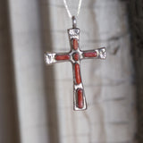 Vintage Sterling 7-Stone Coral Cross Necklace