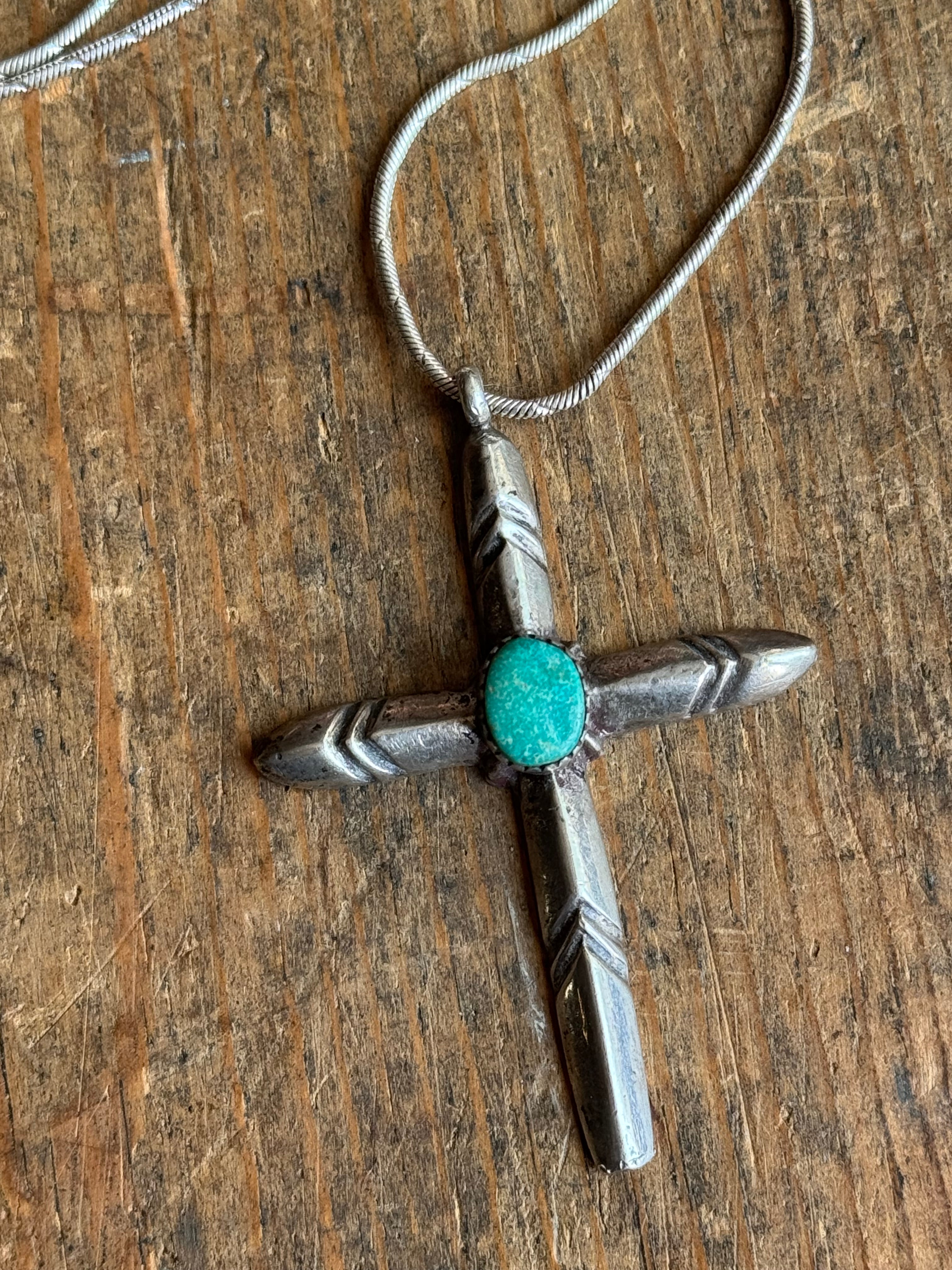 Vintage Sterling Silver Turquoise Cross 23" Necklace