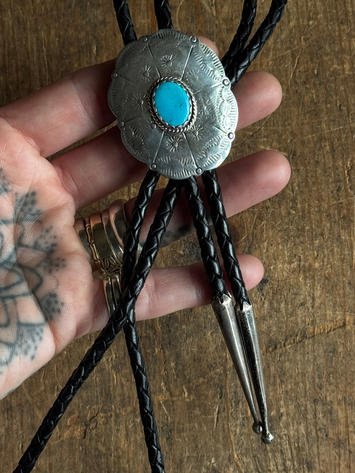 Vintage Sterling SilverTurquoise Stamped Concho Bolo