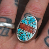 Vintage Sterling Crushed Turquoise and Coral Inlay Ring 10.25