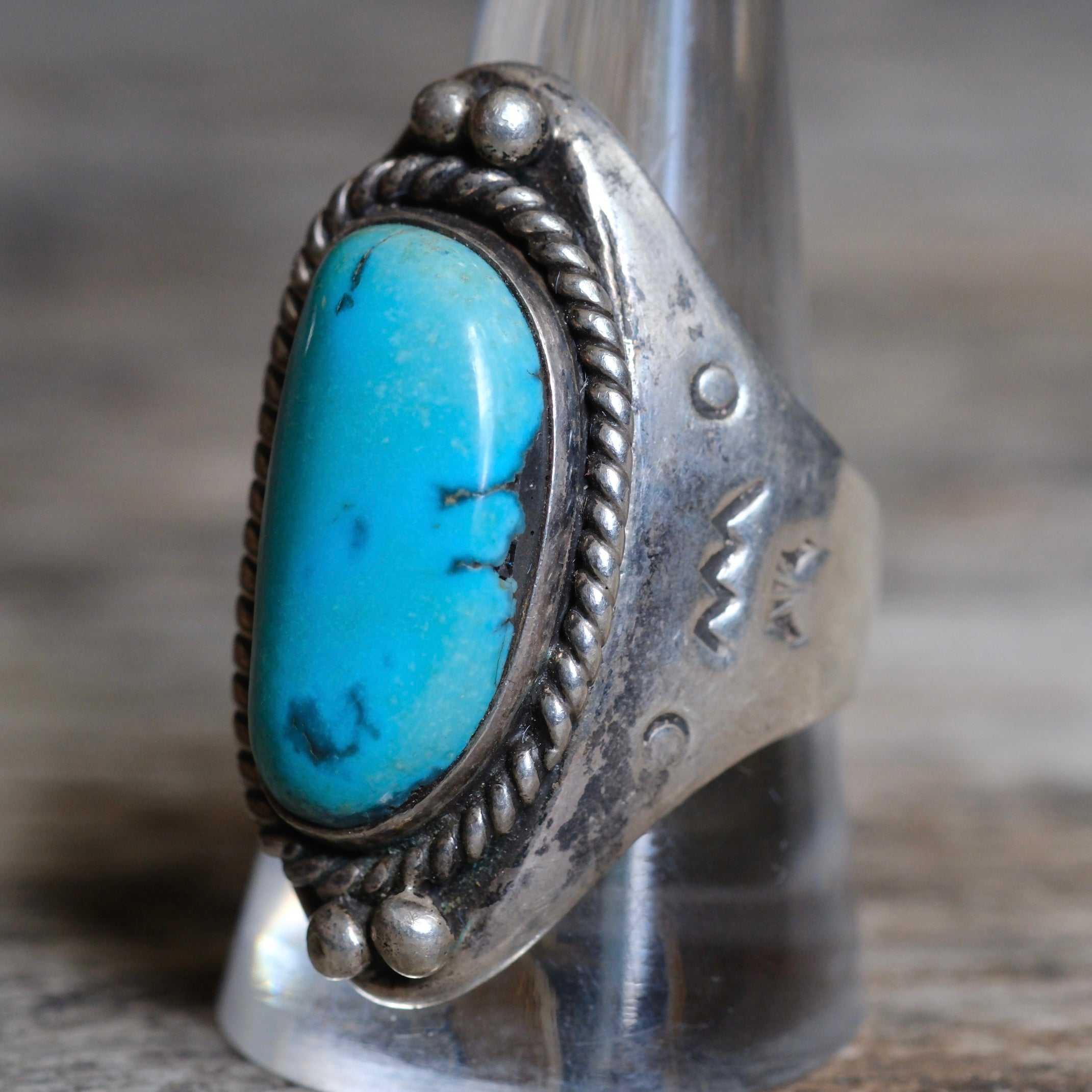 Vintage Sterling Turquoise Stamped Band Ring 10.75