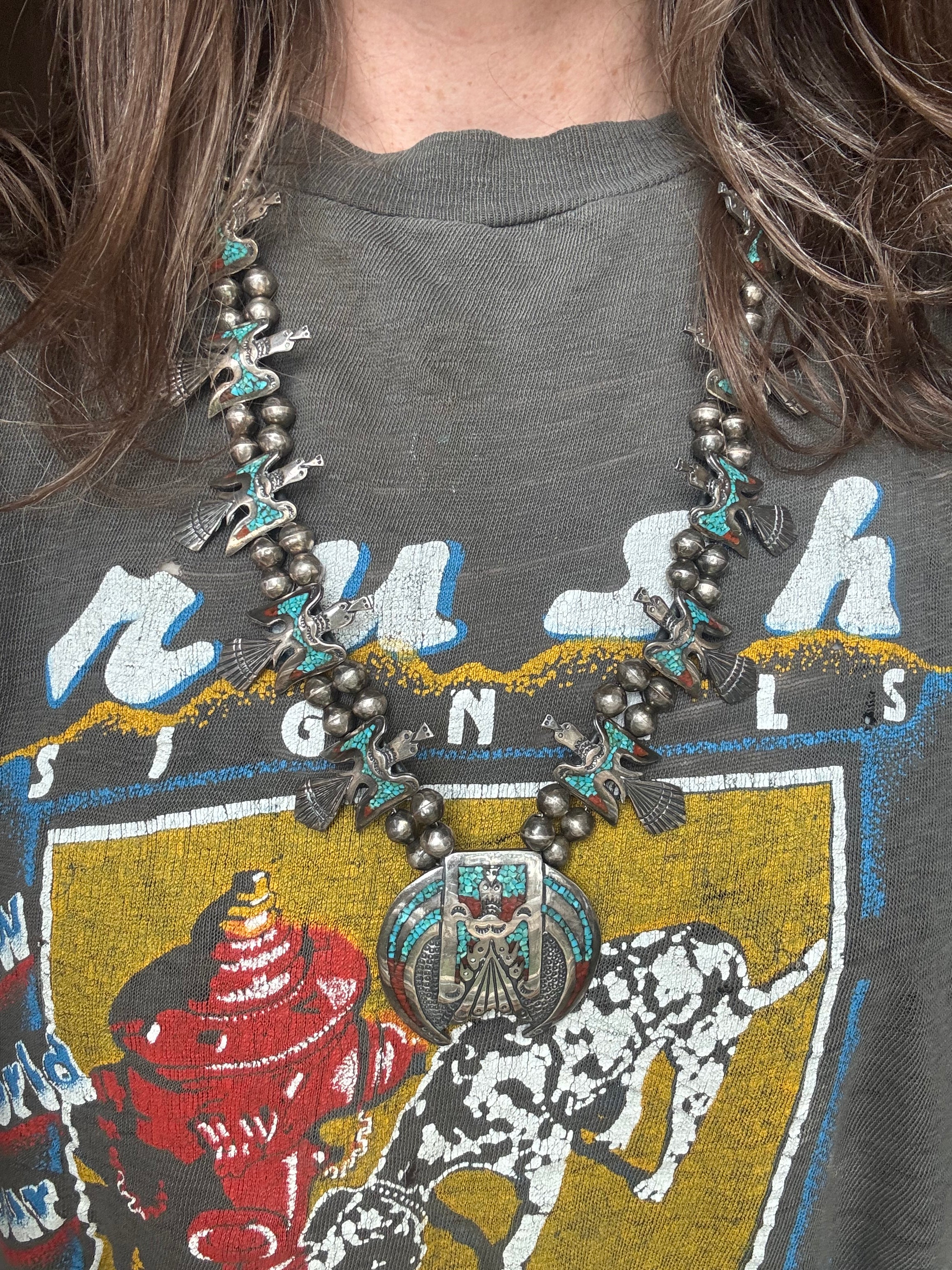 Vintage Sterling Silver Turquoise & Coral Inlay Peyote Bird Squash Blossom