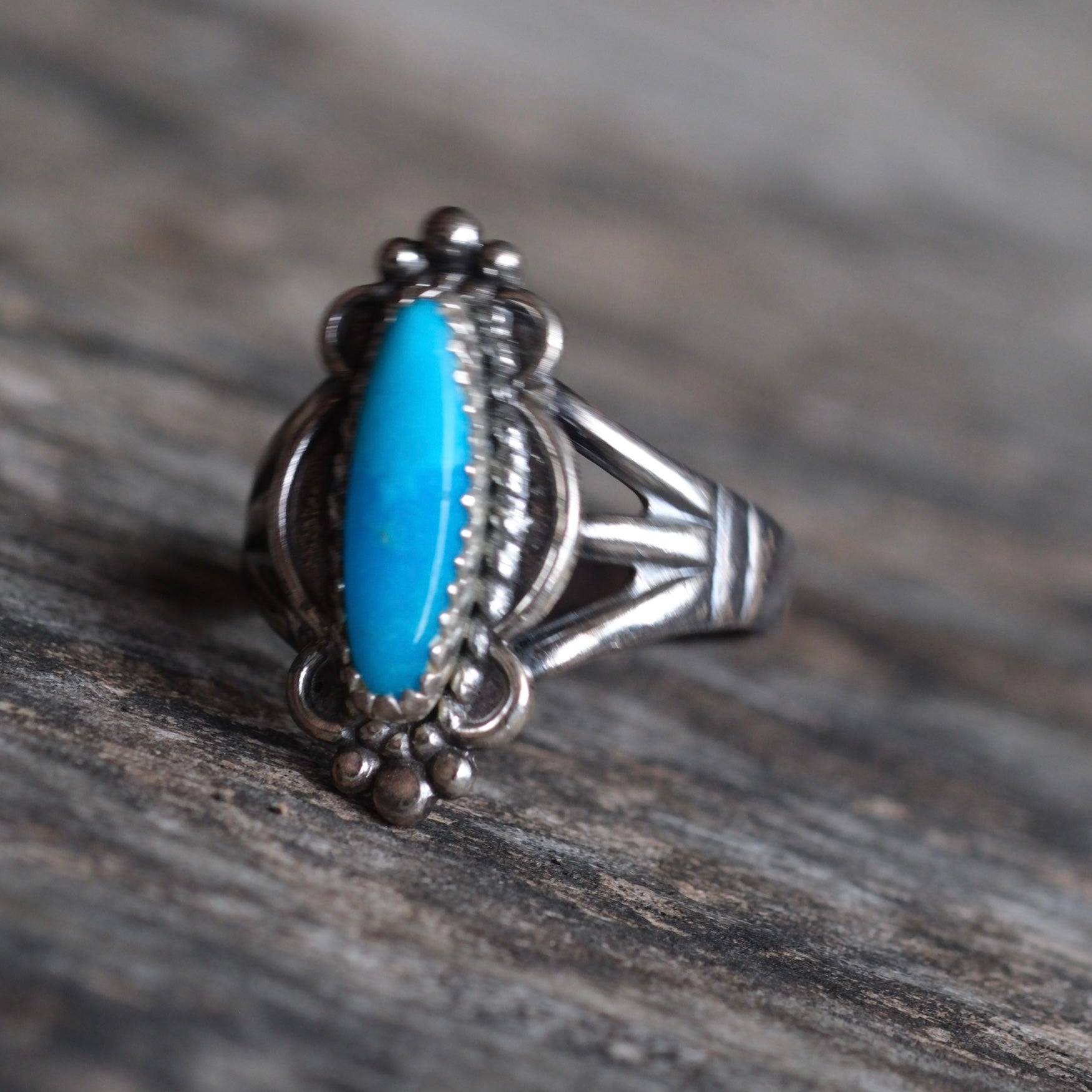 Vintage Sterling Turquoise Florette Ring 7