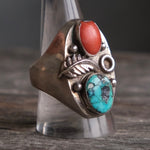 Vintage Sterling Turquoise and Coral Feather Ring 10.5