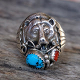 Vintage Sterling Turquoise and Coral Bear Ring 11.25