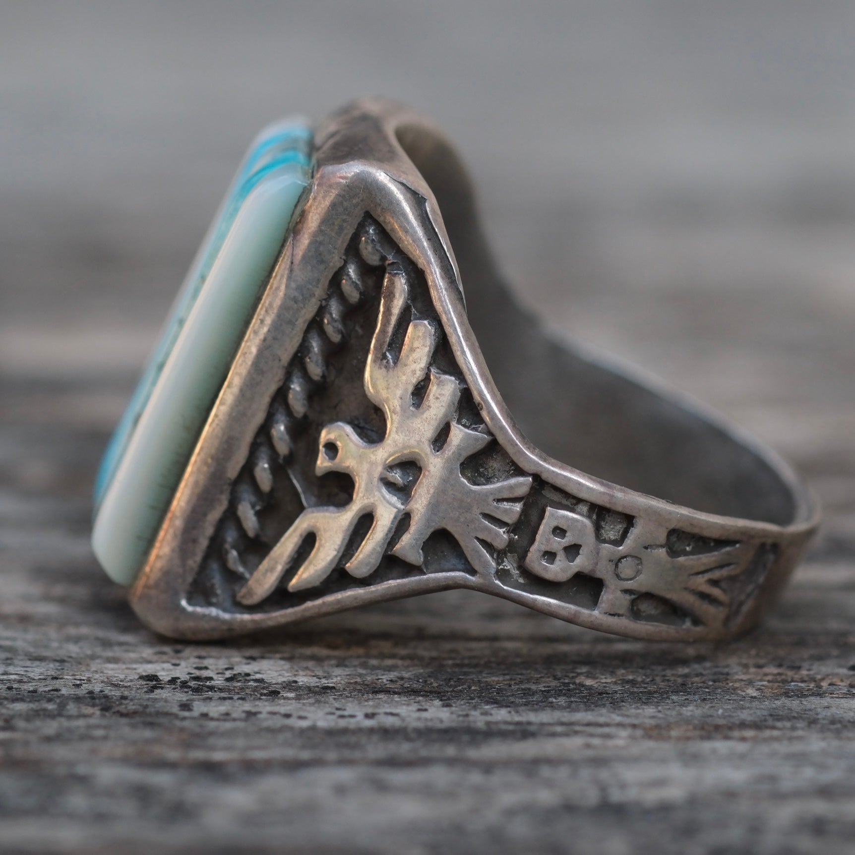 Vintage Sterling Turquoise and Mother Of Pearl Row Inlay Thunderbird Ring 10.25