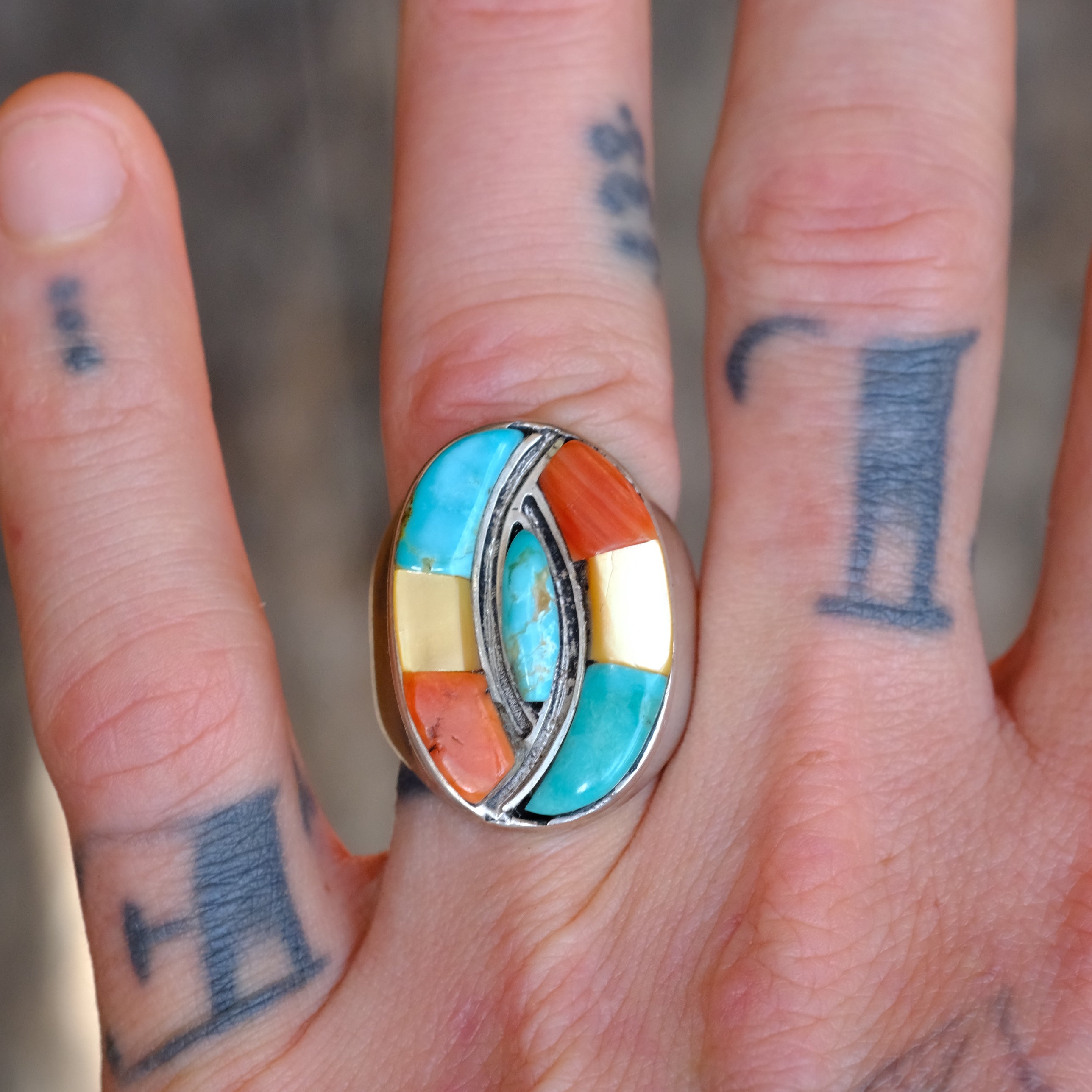 Vintage Sterling Multistone Hummingbird Inlay Ring 9.75