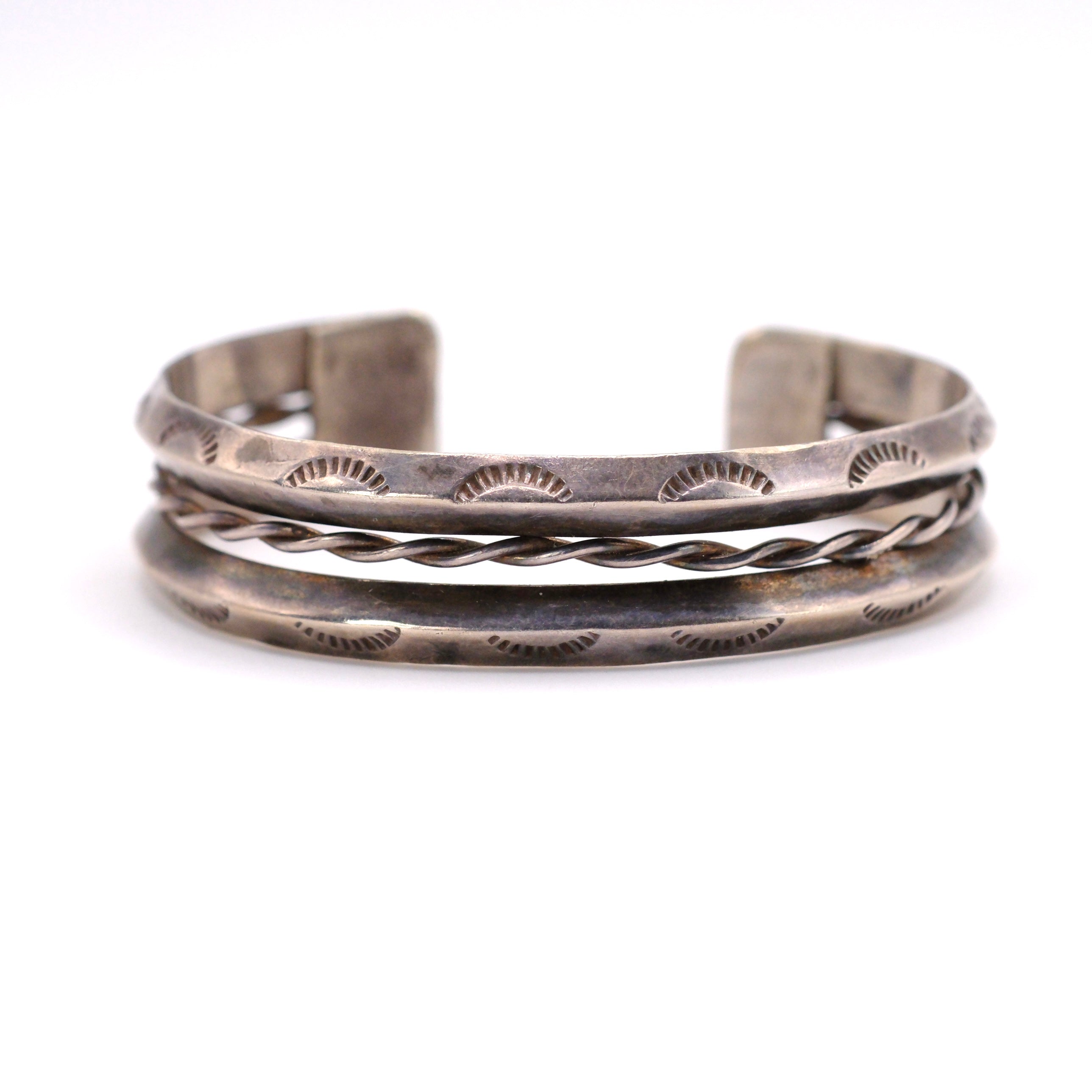 Vintage Sterling Double Row Stamped Triangle Cuff Bracelet 6.5"