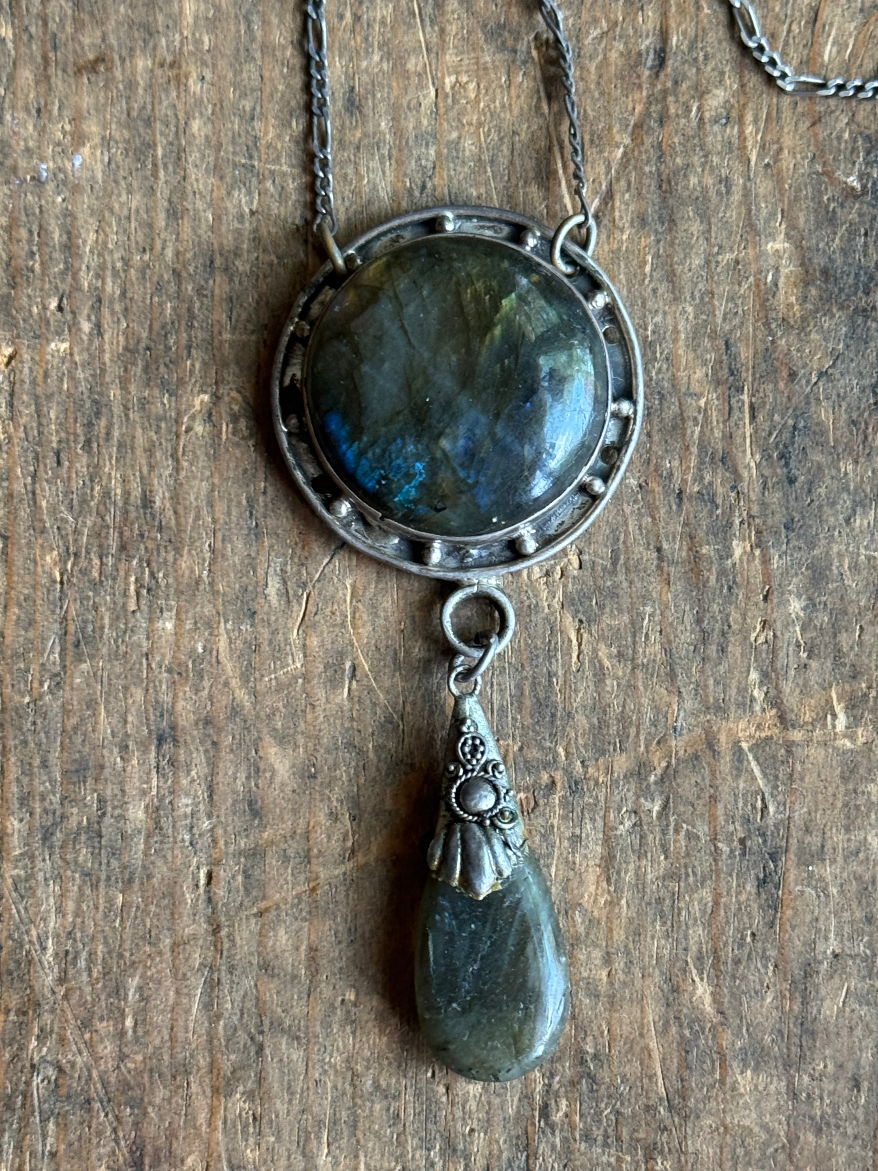 Vintage Sterling Silver Modernist Labradorite Teardrop Necklace