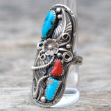 HUGE Vintage Sterling Turquoise and Coral Feather Ring 9.25
