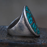 Vintage Sterling Crushed Turquoise and Coral Inlay Ring 10