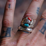 Vintage Sterling Turquoise and Coral Feather Ring 8.25
