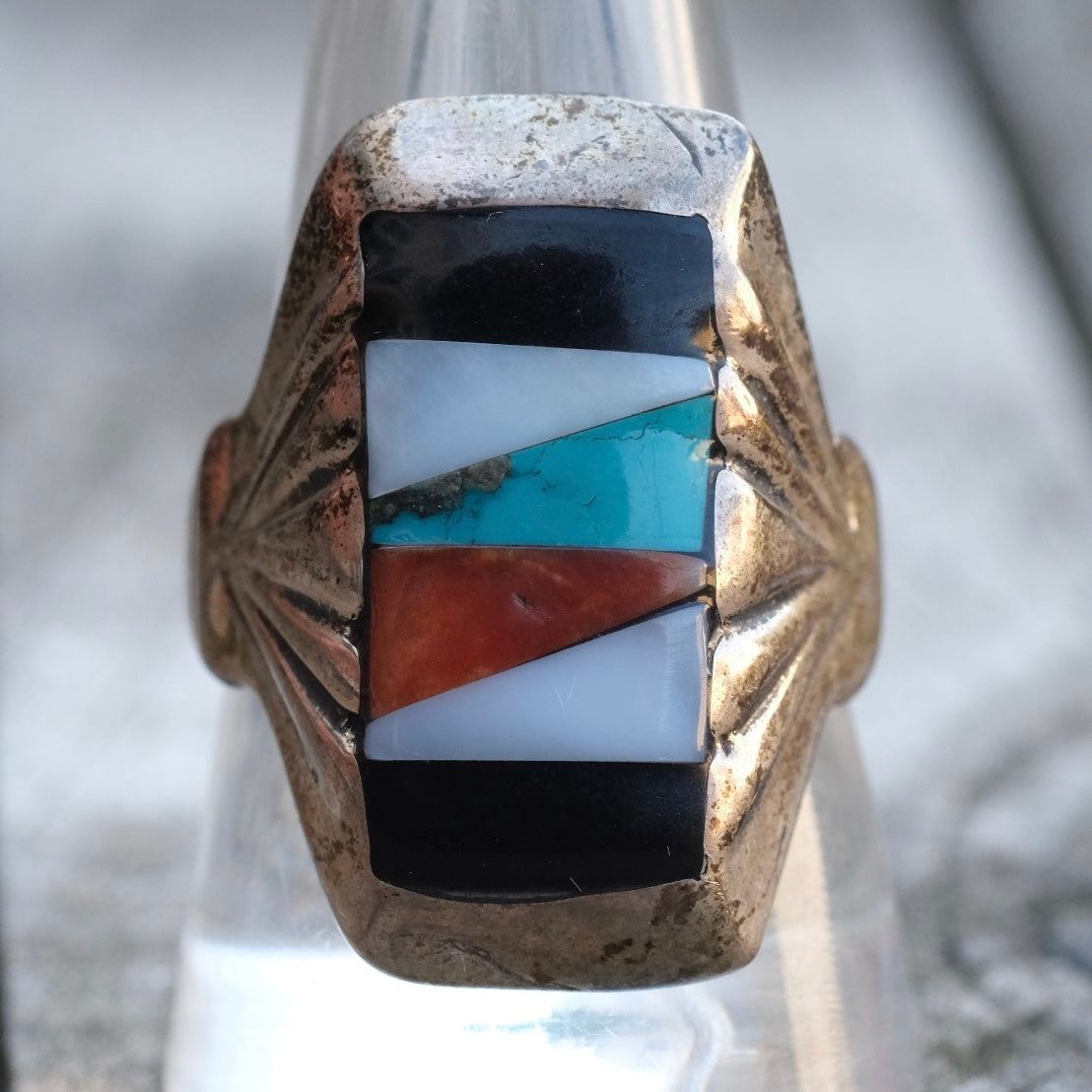 Vintage Sterling Zuni Inlay Ring 10.5