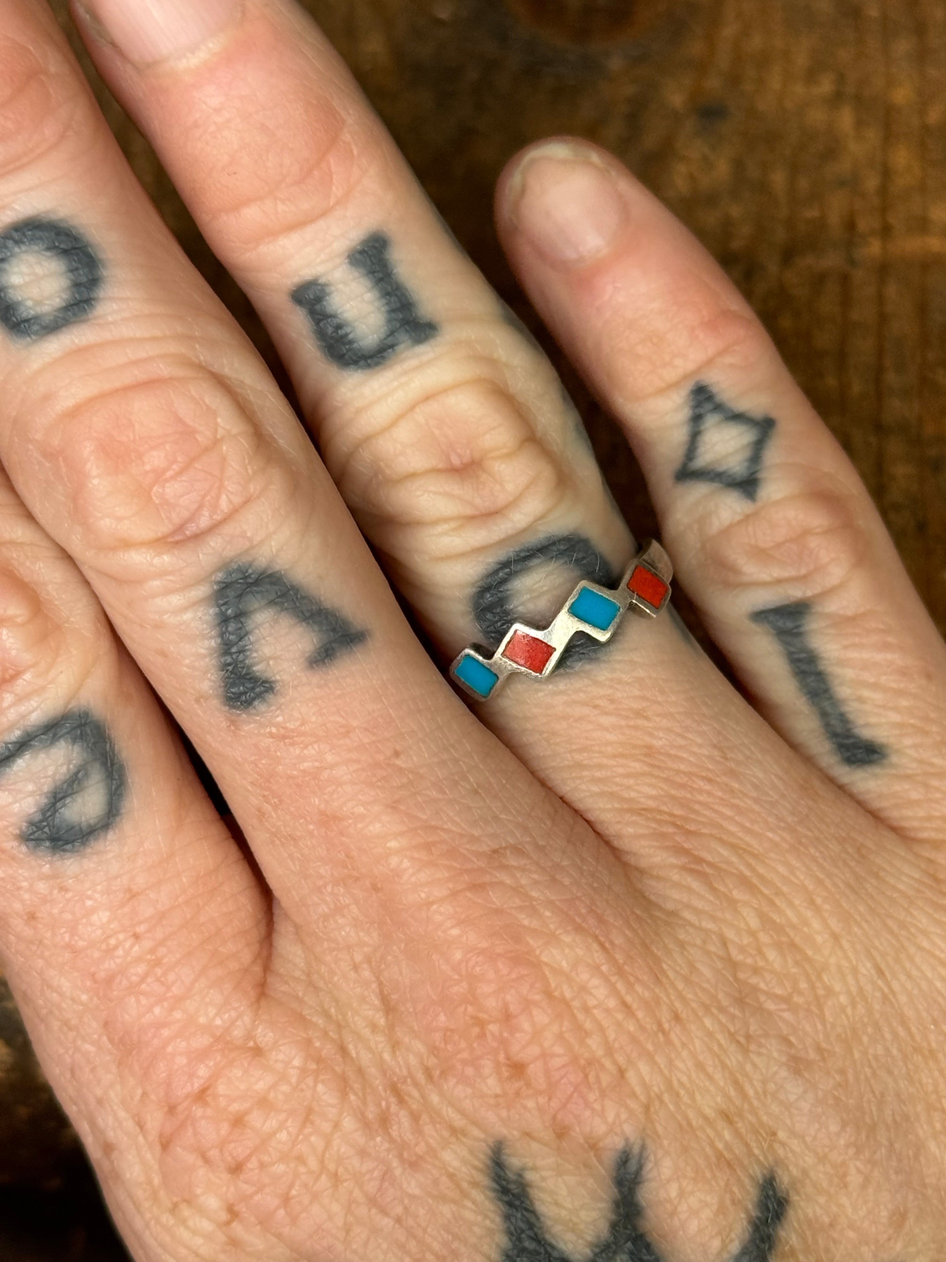 Vintage Sterling Silver Red & Blue Enamel Inlay Diamond Band 6.75