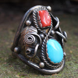 Vintage Sterling Turquoise and Coral Feather Ring 11.5